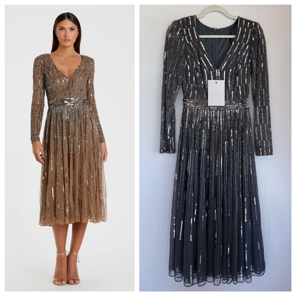 NWT RARE Mac Duggal Sequin Long Sleeve Tea Length V-Neck Dress in Charcoal Gray